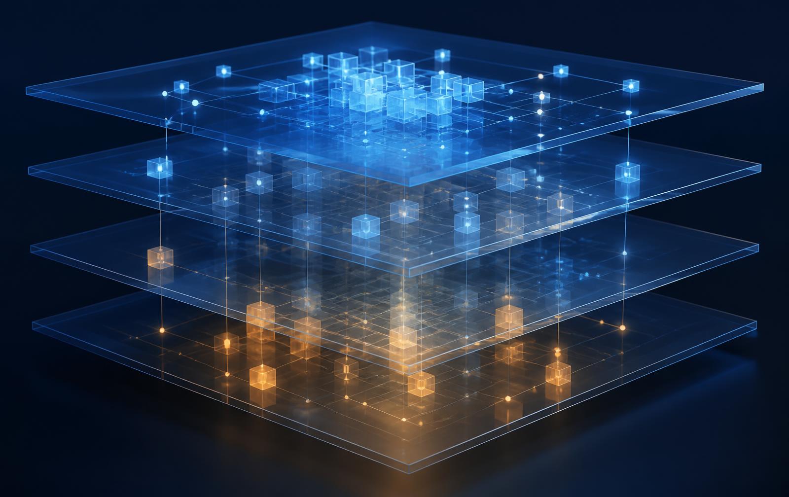 Layered translucent planes showing clustered data nodes connected across levels