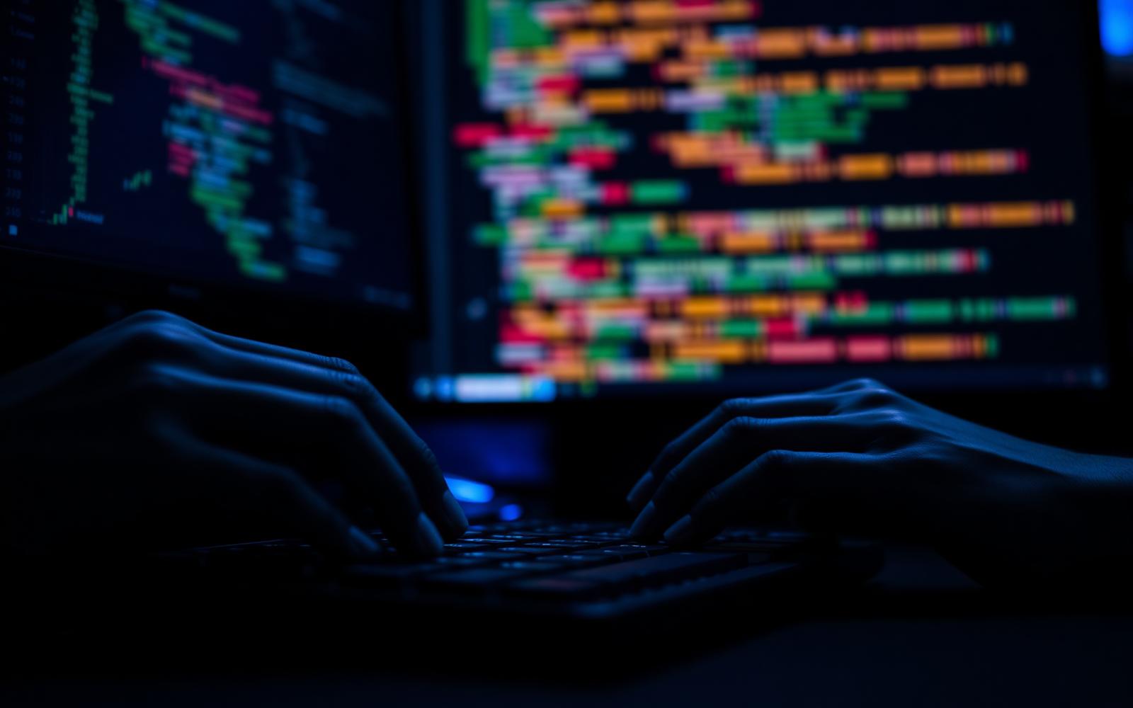 Close-up of a developer's hands on a mechanical keyboard in front of a monitor displaying a code editor