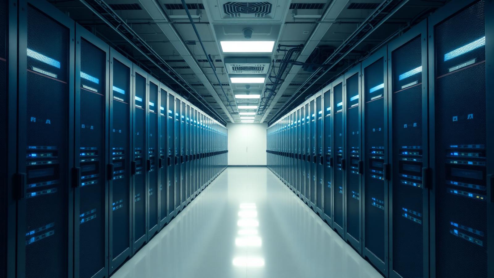 Row of illuminated server racks in a modern data centre aisle