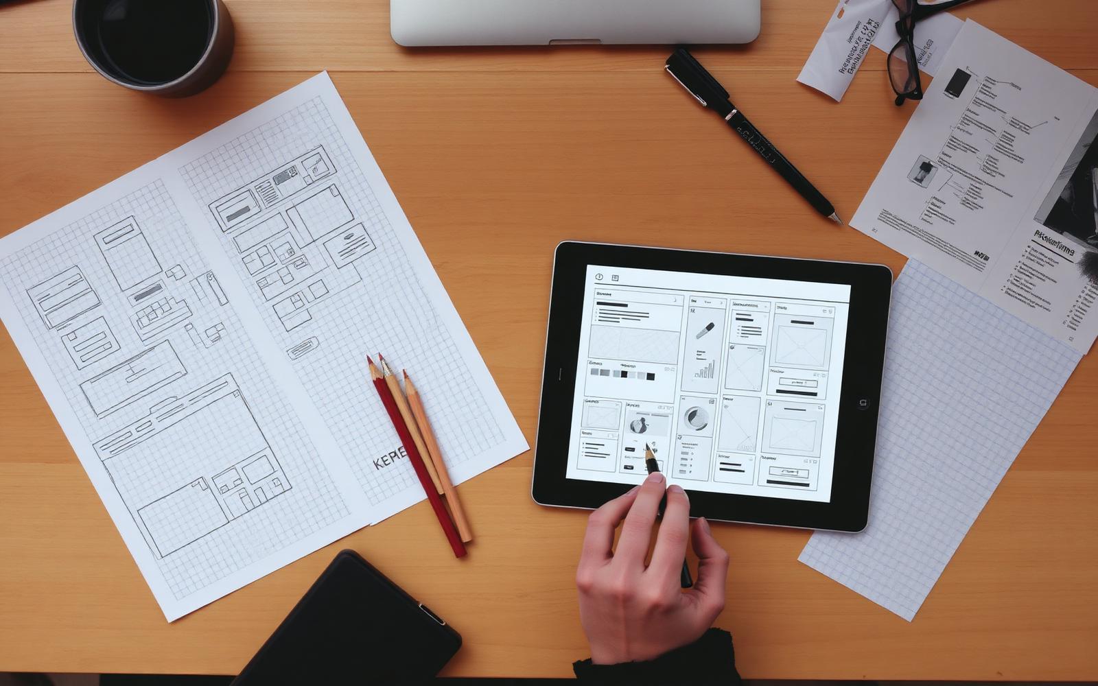 Desk with hand-drawn interface wireframes on grid paper next to a tablet showing a greyscale layout
