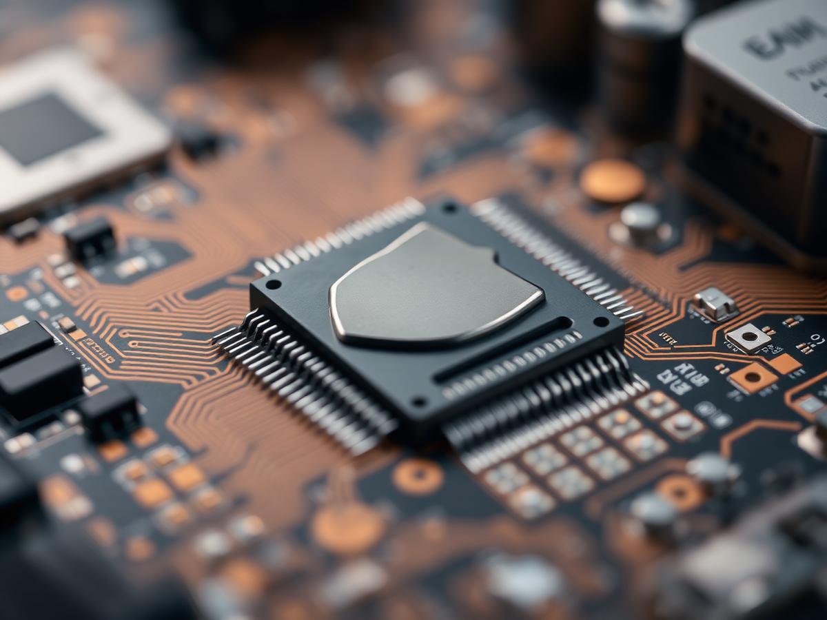 Macro photograph of a circuit board with a metal shield-shaped security chip among copper traces